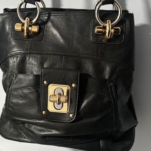 B. Makowsky Black Leather Shoulder Bag with Gold Accents